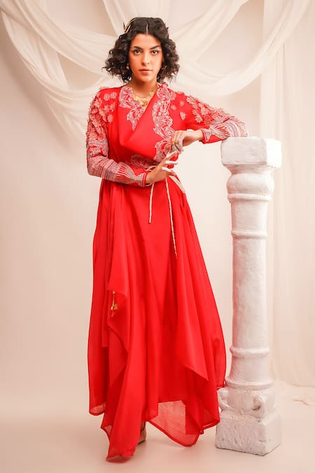 Shop Jajaabor Coral Silk Chanderi Embroidery Athena Cowl Neck Bodice Angrakha And Pant Set Online at Aza Fashions Shop_Jajaabor_Coral Silk Chanderi Embroidery Athena Cowl Neck Bodice Angrakha And Pant Set _Online_at_Aza_Fashions