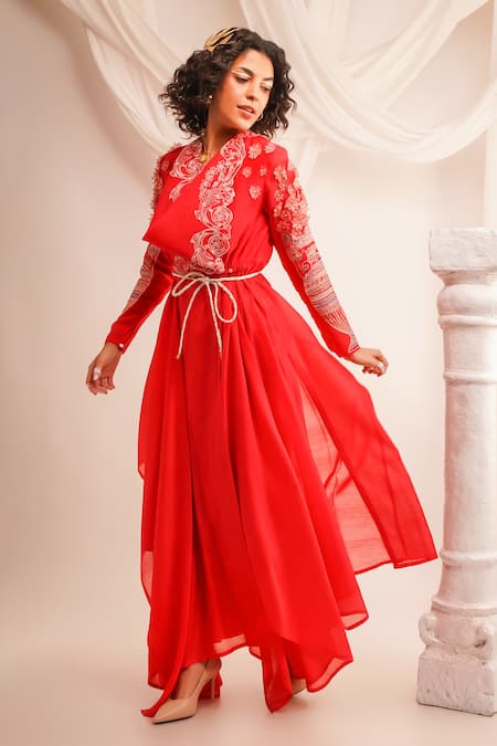 Jajaabor Coral Silk Chanderi Embroidery Athena Cowl Neck Bodice Angrakha And Pant Set at Aza Fashions Jajaabor_Coral Silk Chanderi Embroidery Athena Cowl Neck Bodice Angrakha And Pant Set _at_Aza_Fashions