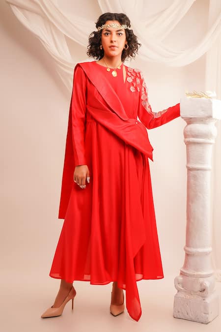 Jajaabor Coral Silk Chanderi Embroidery Applique Deconstructed Angrakha And Pant Set Online at Aza Fashions Jajaabor_Coral Silk Chanderi Embroidery Applique Deconstructed Angrakha And Pant Set _Online_at_Aza_Fashions