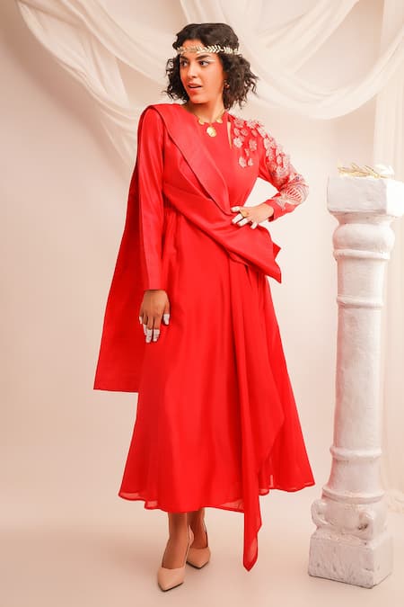 Buy Jajaabor Coral Silk Chanderi Embroidery Applique Deconstructed Angrakha And Pant Set Online at Aza Fashions Buy_Jajaabor_Coral Silk Chanderi Embroidery Applique Deconstructed Angrakha And Pant Set _Online_at_Aza_Fashions