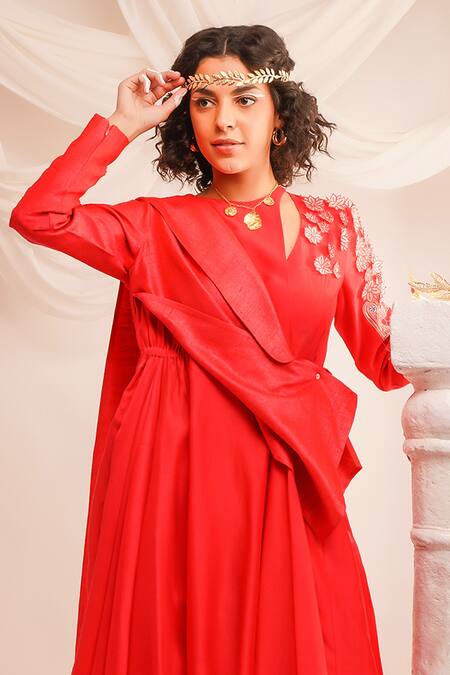 Jajaabor Coral Silk Chanderi Embroidery Applique Deconstructed Angrakha And Pant Set at Aza Fashions Jajaabor_Coral Silk Chanderi Embroidery Applique Deconstructed Angrakha And Pant Set _at_Aza_Fashions