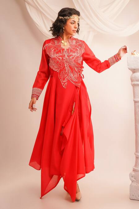 Jajaabor Coral Silk Chanderi Embroidery Athena V Neck Angrakha And Pant Set Online at Aza Fashions Jajaabor_Coral Silk Chanderi Embroidery Athena V Neck Angrakha And Pant Set _Online_at_Aza_Fashions