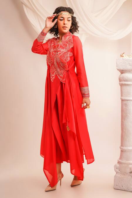 Buy Jajaabor Coral Silk Chanderi Embroidery Athena V Neck Angrakha And Pant Set Online at Aza Fashions Buy_Jajaabor_Coral Silk Chanderi Embroidery Athena V Neck Angrakha And Pant Set _Online_at_Aza_Fashions