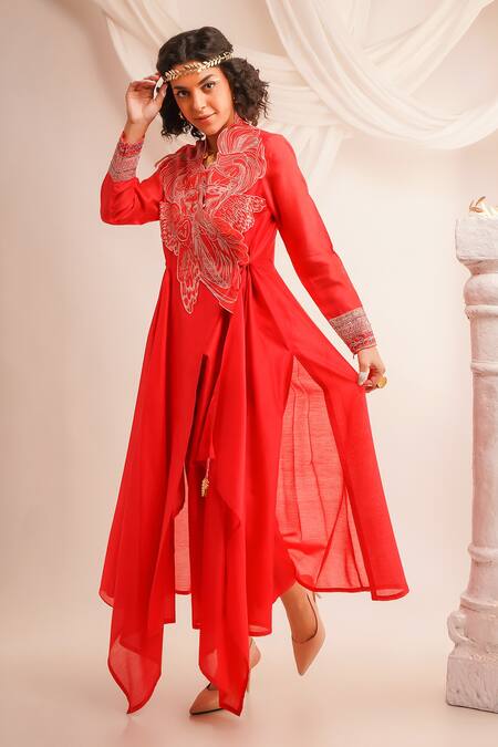 Shop Jajaabor Coral Silk Chanderi Embroidery Athena V Neck Angrakha And Pant Set Online at Aza Fashions Shop_Jajaabor_Coral Silk Chanderi Embroidery Athena V Neck Angrakha And Pant Set _Online_at_Aza_Fashions