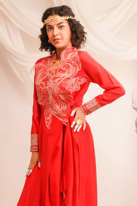 Jajaabor Coral Silk Chanderi Embroidery Athena V Neck Angrakha And Pant Set at Aza Fashions Jajaabor_Coral Silk Chanderi Embroidery Athena V Neck Angrakha And Pant Set _at_Aza_Fashions