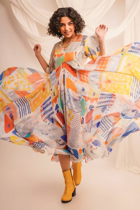 Shop Jajaabor Multi Color Georgette Embroidery Zari V Neck Abstract Anarkali And Pant Set Online at Aza Fashions Shop_Jajaabor_Multi Color Georgette Embroidery Zari V Neck Abstract Anarkali And Pant Set _Online_at_Aza_Fashions