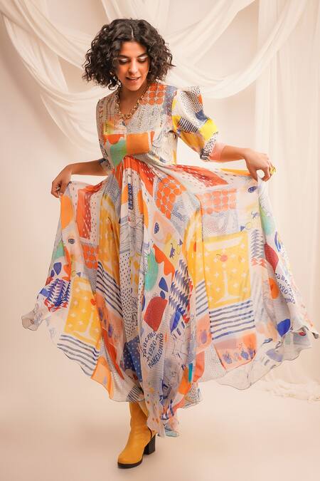 Jajaabor Multi Color Georgette Embroidery Zari V Neck Abstract Anarkali And Pant Set at Aza Fashions Jajaabor_Multi Color Georgette Embroidery Zari V Neck Abstract Anarkali And Pant Set _at_Aza_Fashions