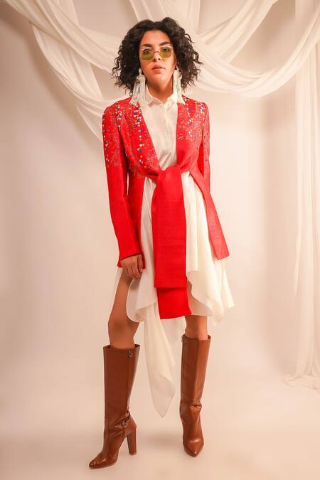 Buy Jajaabor Coral Silk Dupion Embroidery Geometric Jacket Open Textured With Shirt Dress Online at Aza Fashions Buy_Jajaabor_Coral Silk Dupion Embroidery Geometric Jacket Open Textured With Shirt Dress _Online_at_Aza_Fashions