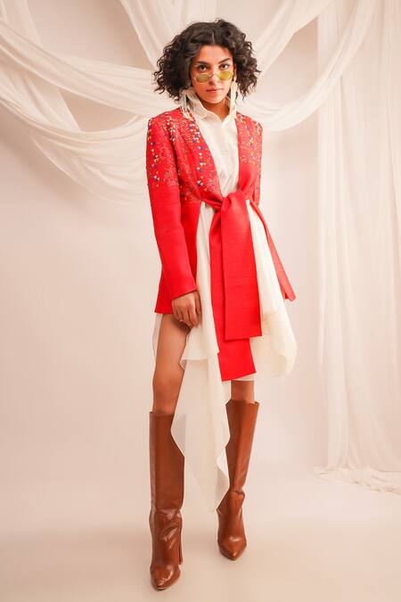 Jajaabor Coral Silk Dupion Embroidery Geometric Jacket Open Textured With Shirt Dress at Aza Fashions Jajaabor_Coral Silk Dupion Embroidery Geometric Jacket Open Textured With Shirt Dress _at_Aza_Fashions