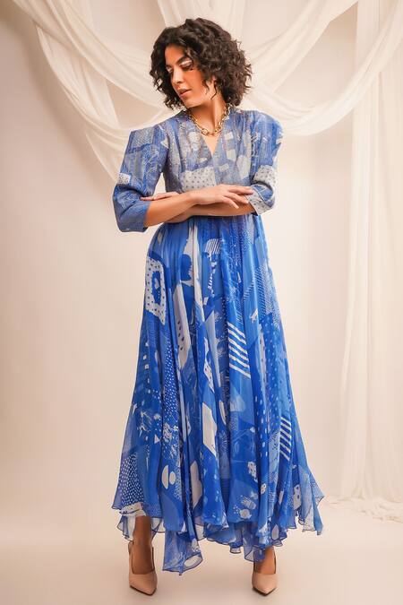 Buy Jajaabor Blue Georgette Embroidery Zari V Neck Anarkali And Pant Set Online at Aza Fashions Buy_Jajaabor_Blue Georgette Embroidery Zari V Neck Anarkali And Pant Set _Online_at_Aza_Fashions