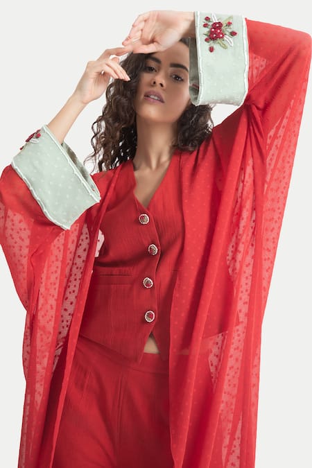 House Of Thl_Red Chiffon Dobby Aari , Thread Gillet V-neck, Kaftan Jasmine Set _Online_at_Aza_Fashions