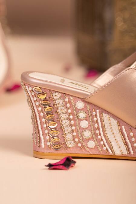Shop_House Of Vian_Pink Beads, Mirrors Jharokha Embroidered Kolhapuri Wedges _Online_at_Aza_Fashions