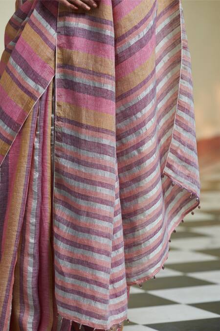 Dressfolk_Multi Color Linen Beads Jhilmil Stripe Pattern Saree With Running Blouse _Online_at_Aza_Fashions
