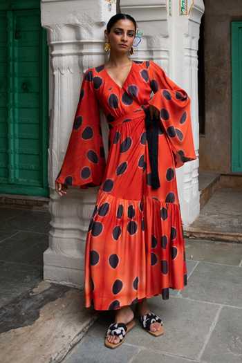 Buy Jodi Orange Muslin Silk Boondi Printed Maxi Dress Online | Aza Fashion.