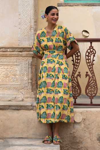 Jodi_Yellow South Cotton Thar V Neck Printed Wrap Dress_Online_at_Aza_Fashions