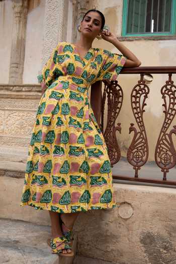Buy_Jodi_Yellow South Cotton Thar V Neck Printed Wrap Dress_Online_at_Aza_Fashions