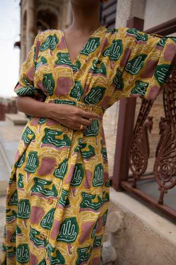 Shop_Jodi_Yellow South Cotton Thar V Neck Printed Wrap Dress_Online_at_Aza_Fashions