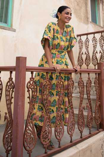 Jodi_Yellow South Cotton Thar V Neck Printed Wrap Dress_at_Aza_Fashions