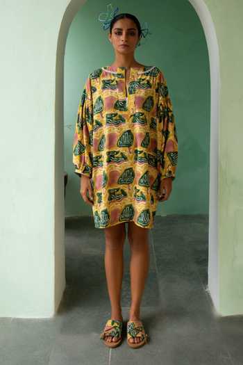 Jodi_Yellow South Cotton Thar Abstract Print Dress_Online_at_Aza_Fashions