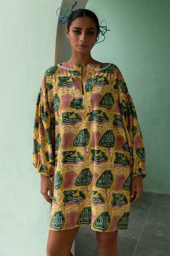 Buy_Jodi_Yellow South Cotton Thar Abstract Print Dress_Online_at_Aza_Fashions