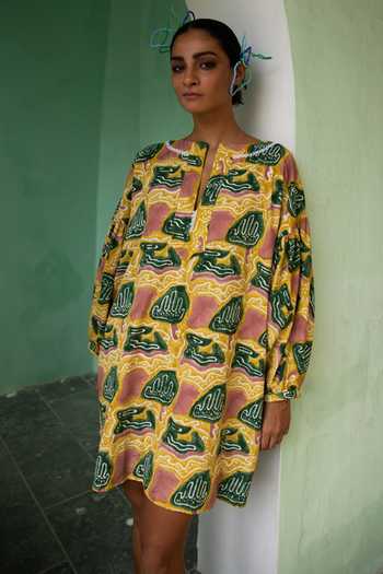 Shop_Jodi_Yellow South Cotton Thar Abstract Print Dress_Online_at_Aza_Fashions