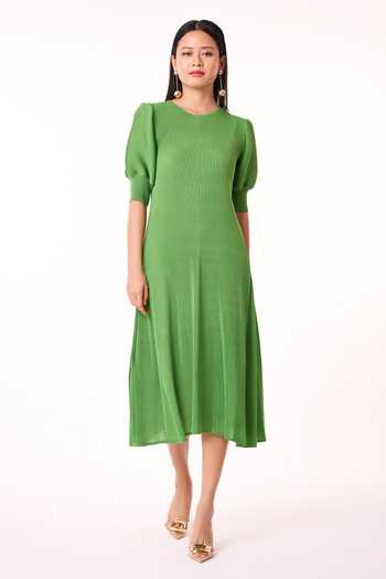 Scarlet Sage_Green Polyester Round Neck Pear Puff Sleeve Midi Dress_Online_at_Aza_Fashions