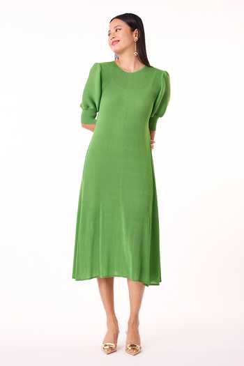 Buy_Scarlet Sage_Green Polyester Round Neck Pear Puff Sleeve Midi Dress_Online_at_Aza_Fashions