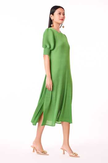 Shop_Scarlet Sage_Green Polyester Round Neck Pear Puff Sleeve Midi Dress_Online_at_Aza_Fashions