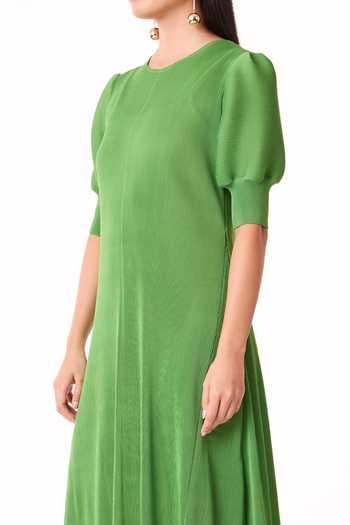 Scarlet Sage_Green Polyester Round Neck Pear Puff Sleeve Midi Dress_at_Aza_Fashions