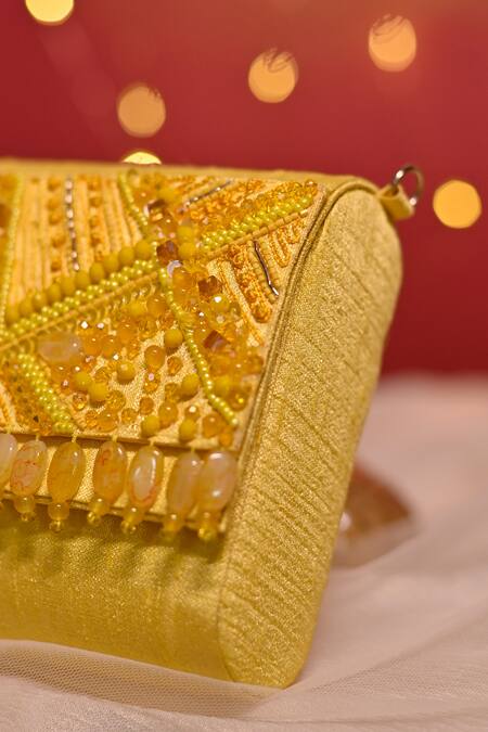 House Of Vian_Yellow Beads, Pearls Juane Embellished Clutch _Online_at_Aza_Fashions