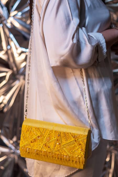 Shop_House Of Vian_Yellow Beads, Pearls Juane Embellished Clutch _Online_at_Aza_Fashions