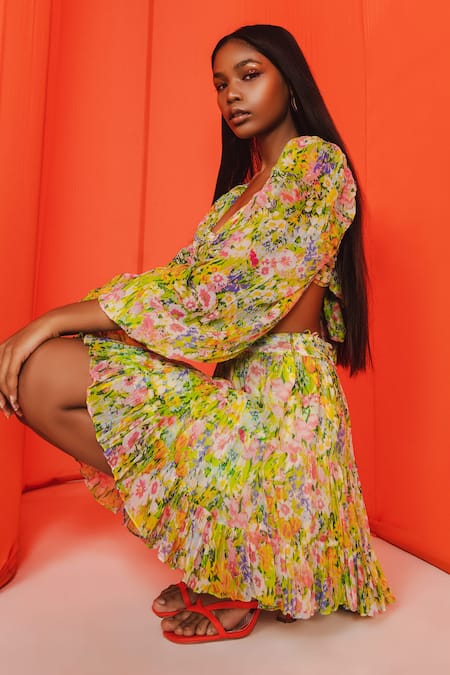 July Issue_Green Viscose, Crepe Embroidery Zoey Floral Pattern Crop Top And Skirt Set _Online_at_Aza_Fashions