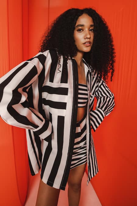 Buy_July Issue_Black , Satin Pearls Collared, Lou Stripe Pattern Shirt And Skirt Set _Online_at_Aza_Fashions