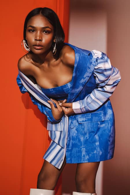 July Issue_Blue Cotton, Organza Collared, Bandeau Neck Nila Oversized Jacket Skirt Set _Online_at_Aza_Fashions