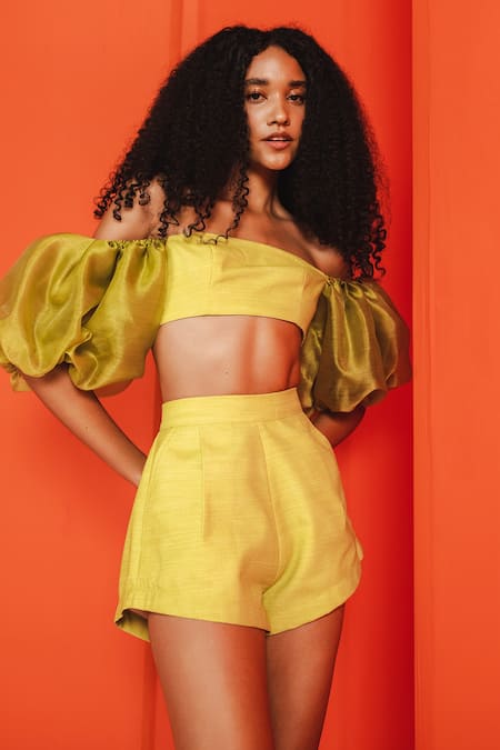 July Issue_Green Cotton, Organza Square Neck Mim Balloon Sleeve Crop Top With Shorts _Online_at_Aza_Fashions
