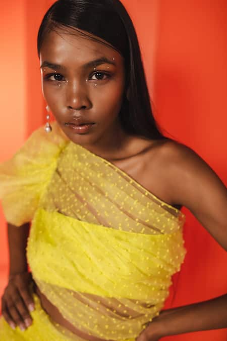 Buy_July Issue_Yellow Organza, Satin Sequins Asymmetric Lo One Shoulder Balloon Sleeve Dress _Online_at_Aza_Fashions