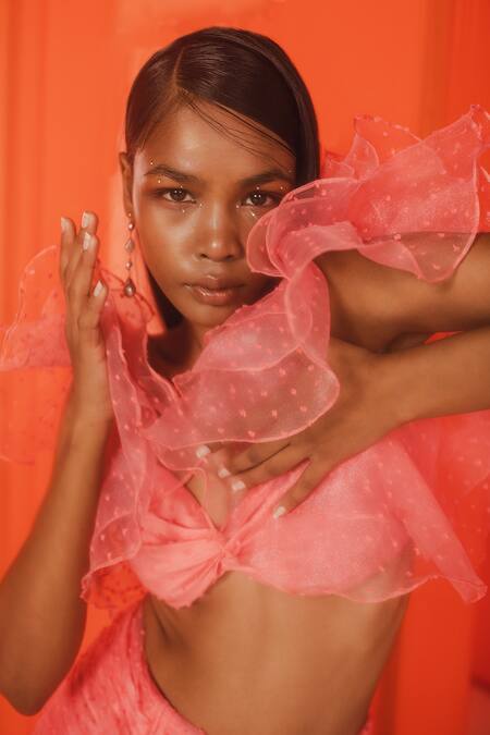July Issue_Peach Organza, Satin, Chiffon Sequins, Bandeau Crop Top And Ruched Skirt Set _Online_at_Aza_Fashions