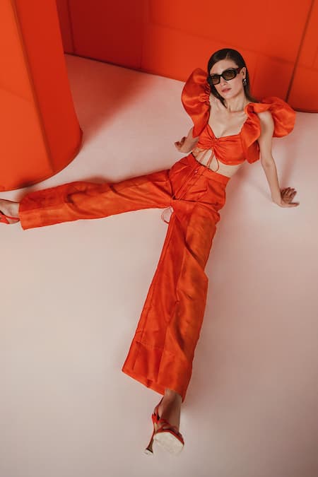 July Issue_Orange Organza, Crepe Sequins Rumi Umbrella Shoulder Top And Trouser Set _Online_at_Aza_Fashions