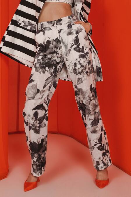 Buy July Issue Black Linen, Cotton Pearls Lou Stripe Pattern Jacket And Floral Print Pant Set Online at Aza Fashions Buy_July Issue_Black Linen, Cotton Pearls Lou Stripe Pattern Jacket And Floral Print Pant Set _Online_at_Aza_Fashions