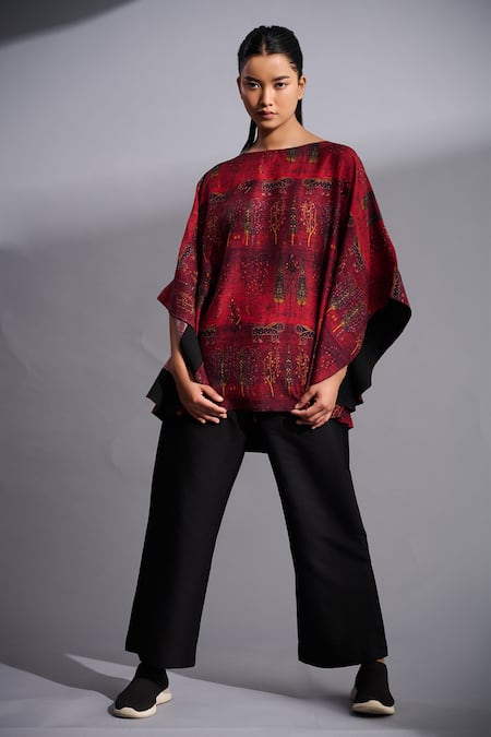 Shop_Taika By Poonam Bhagat_Red Silk Embroidery Round Neck Printed And Poncho _Online_at_Aza_Fashions