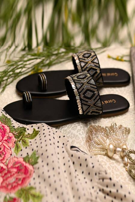Coral Haze_Black Sequins, Beads Hand Embroidered Kolhapuri Sandals _Online_at_Aza_Fashions