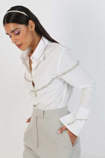 Kokokos_White Crystal Work Shirt And Glittered Shorts Set _Online_at_Aza_Fashions