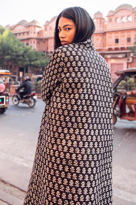 Shop_Gulabo Jaipur_Black Cotton Floral Pattern Top V-neck Kafia Block Print Coat And Pant Set _Online_at_Aza_Fashions