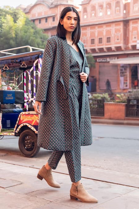 Gulabo Jaipur_Emerald Green Cotton Floral Pattern Top Kafia Block Print Coat And Pant Set _Online_at_Aza_Fashions