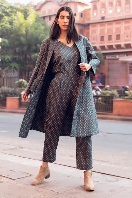 Buy_Gulabo Jaipur_Emerald Green Cotton Floral Pattern Top Kafia Block Print Coat And Pant Set _Online_at_Aza_Fashions