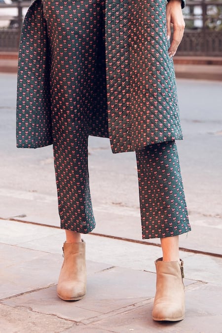 Shop_Gulabo Jaipur_Emerald Green Cotton Floral Pattern Top Kafia Block Print Coat And Pant Set _Online_at_Aza_Fashions