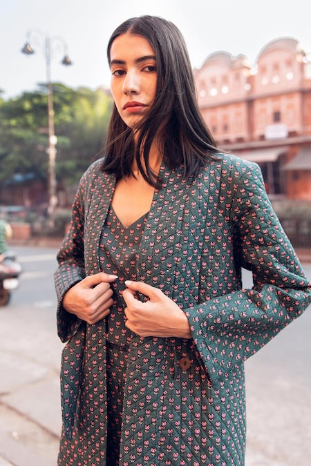 Gulabo Jaipur_Emerald Green Cotton Floral Pattern Top Kafia Block Print Coat And Pant Set _at_Aza_Fashions