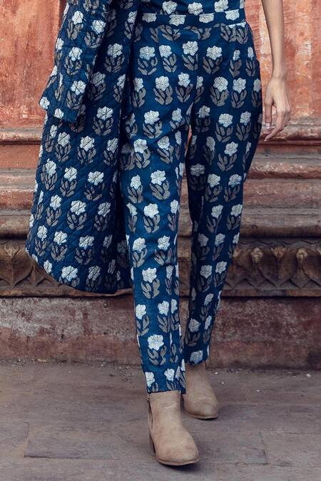 Buy_Gulabo Jaipur_Blue Cotton Floral Pattern Top V-neck Kafia Quilted Coat And Printed Pant Set_Online_at_Aza_Fashions