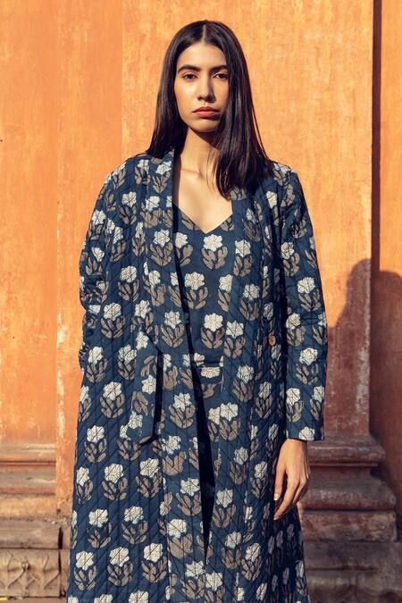 Shop_Gulabo Jaipur_Blue Cotton Floral Pattern Top V-neck Kafia Quilted Coat And Printed Pant Set_Online_at_Aza_Fashions
