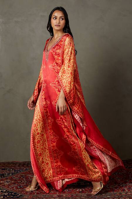 RI.Ritu Kumar Red Silk Printed Geometric V Neck Villa Embroidered Kaftan Online at Aza Fashions RI.Ritu Kumar_Red Silk Printed Geometric V Neck Villa Embroidered Kaftan _Online_at_Aza_Fashions